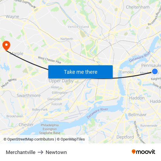 Merchantville to Newtown map