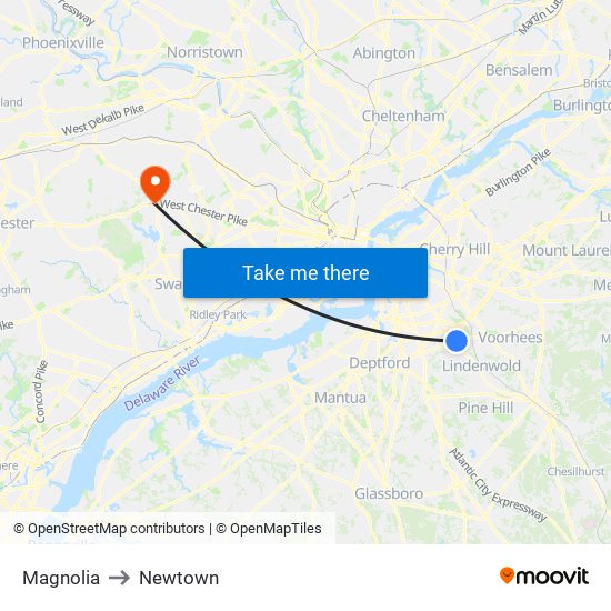 Magnolia to Newtown map
