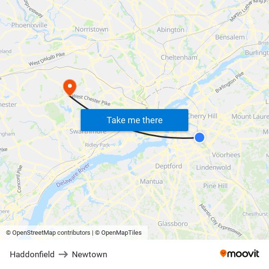 Haddonfield to Newtown map