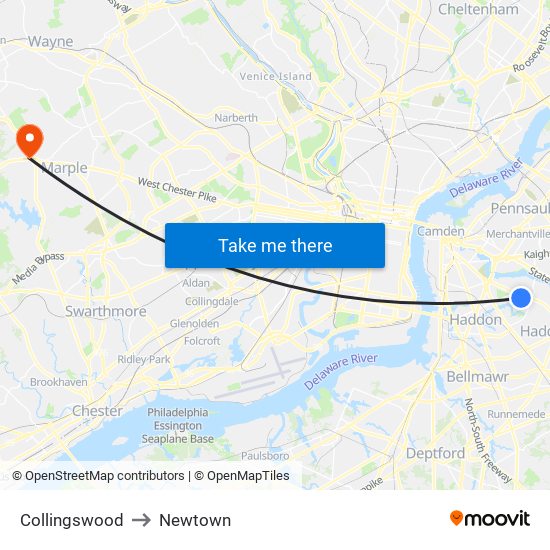 Collingswood to Newtown map