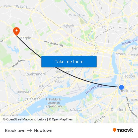 Brooklawn to Newtown map