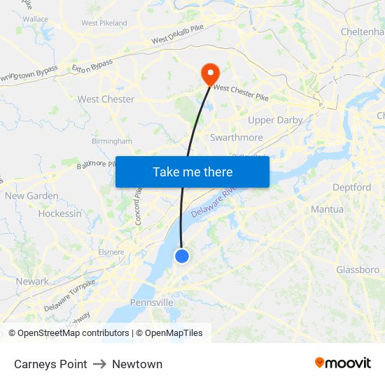 Carneys Point to Newtown map