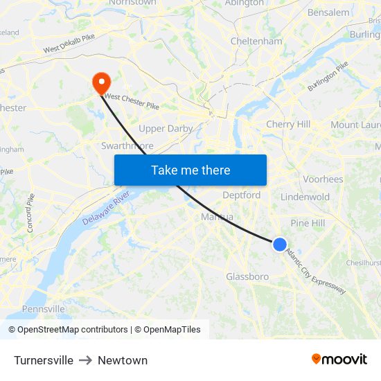 Turnersville to Newtown map