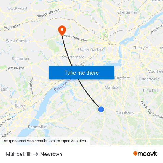 Mullica Hill to Newtown map
