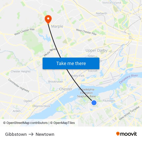 Gibbstown to Newtown map