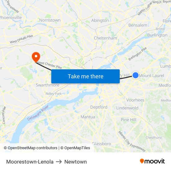 Moorestown-Lenola to Newtown map