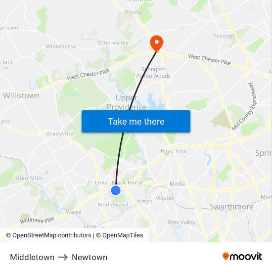 Middletown to Newtown map