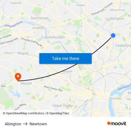 Abington to Newtown map