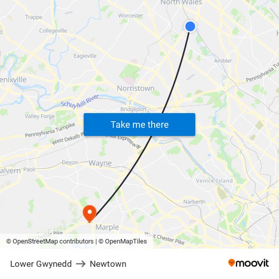 Lower Gwynedd to Newtown map