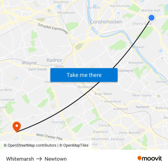 Whitemarsh to Newtown map