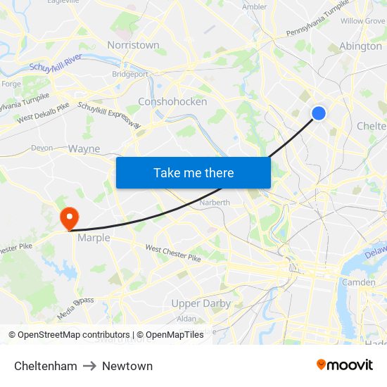 Cheltenham to Newtown map