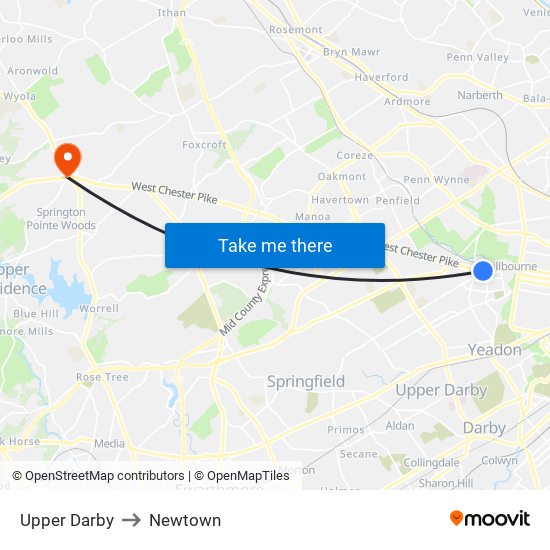 Upper Darby to Newtown map