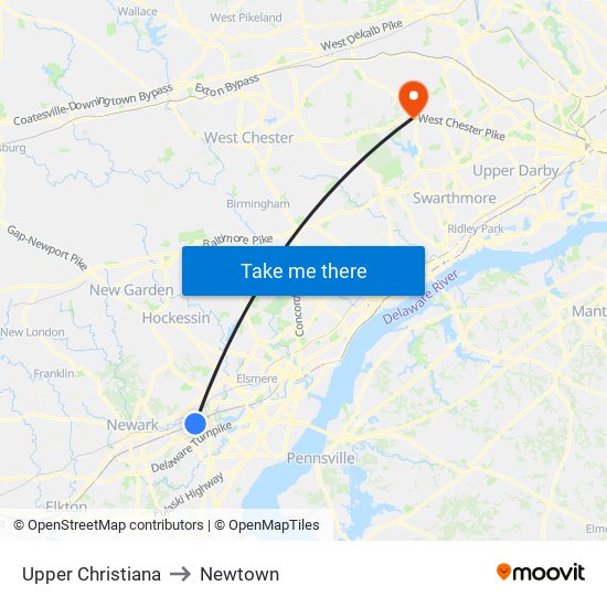 Upper Christiana to Newtown map