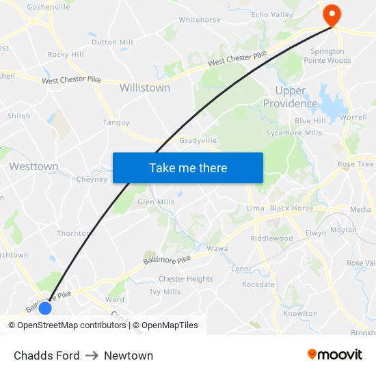 Chadds Ford to Newtown map