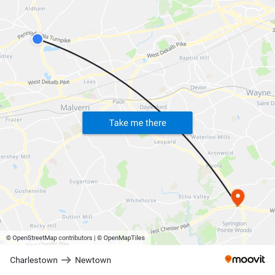 Charlestown to Newtown map