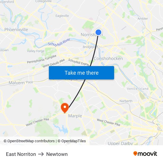 East Norriton to Newtown map