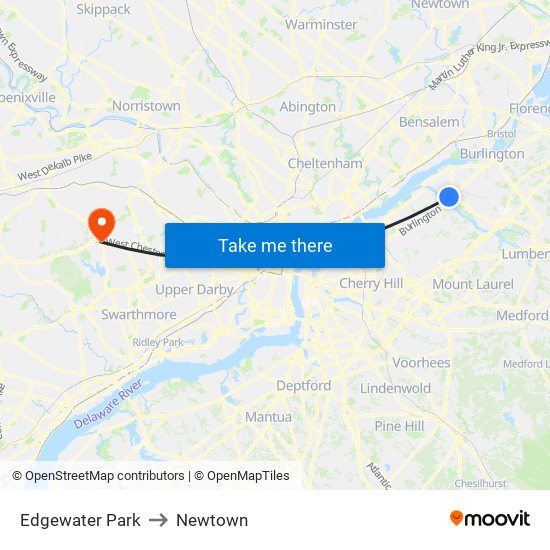 Edgewater Park to Newtown map