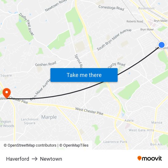 Haverford to Newtown map