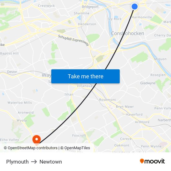 Plymouth to Newtown map