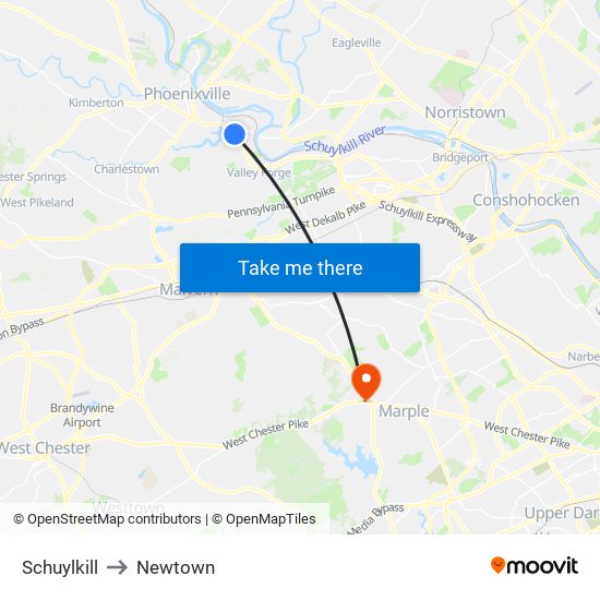 Schuylkill to Newtown map