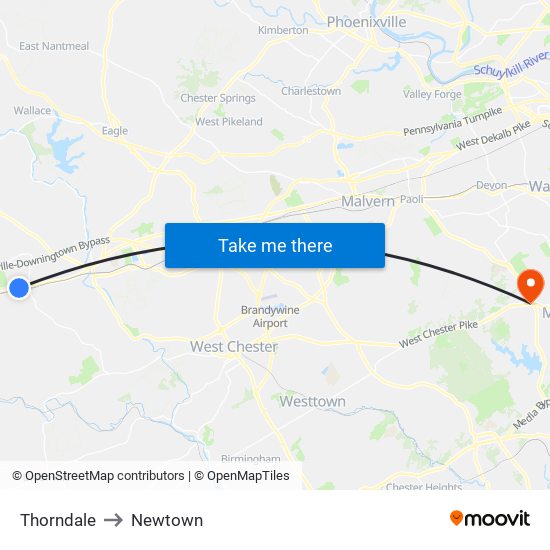 Thorndale to Newtown map