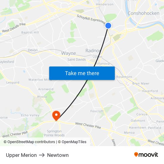 Upper Merion to Newtown map
