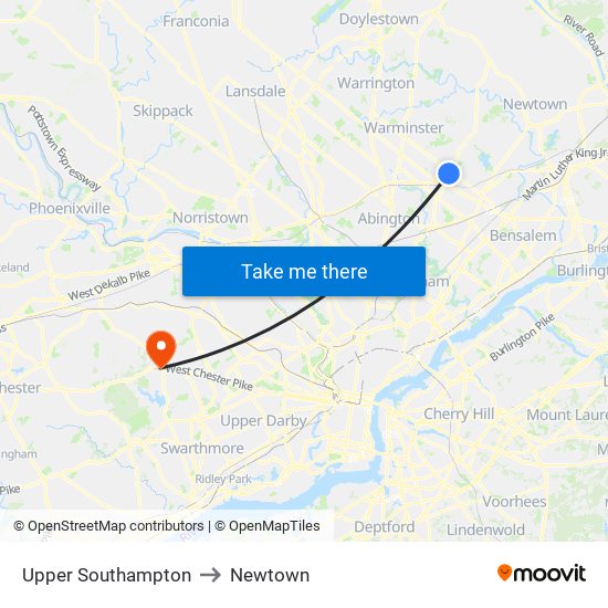 Upper Southampton to Newtown map