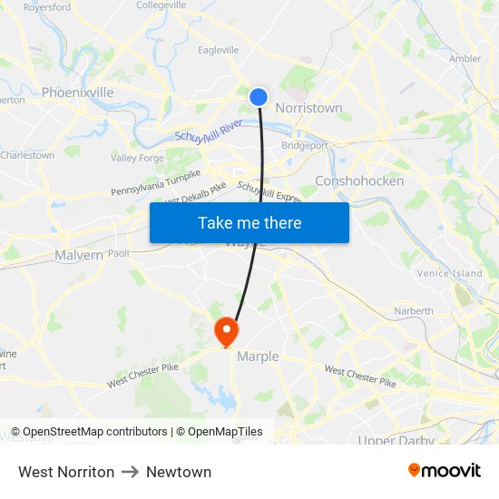 West Norriton to Newtown map
