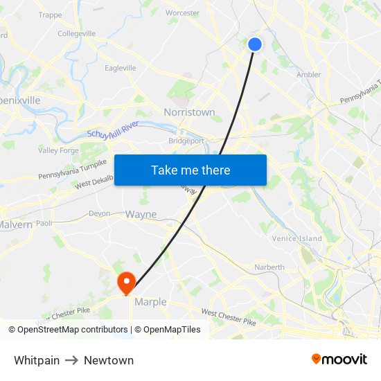 Whitpain to Newtown map