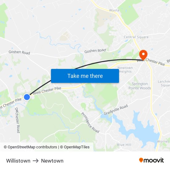 Willistown to Newtown map