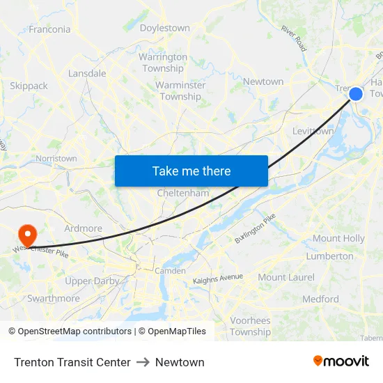 Trenton Transit Center to Newtown map