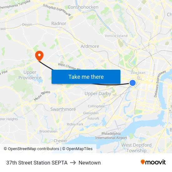 37th Street Station SEPTA to Newtown map