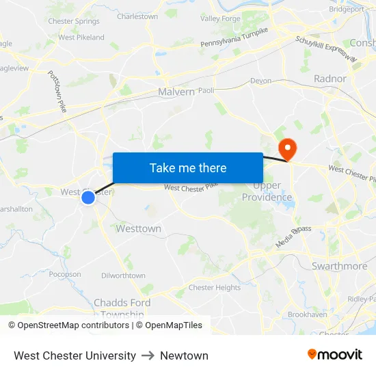 West Chester University to Newtown map
