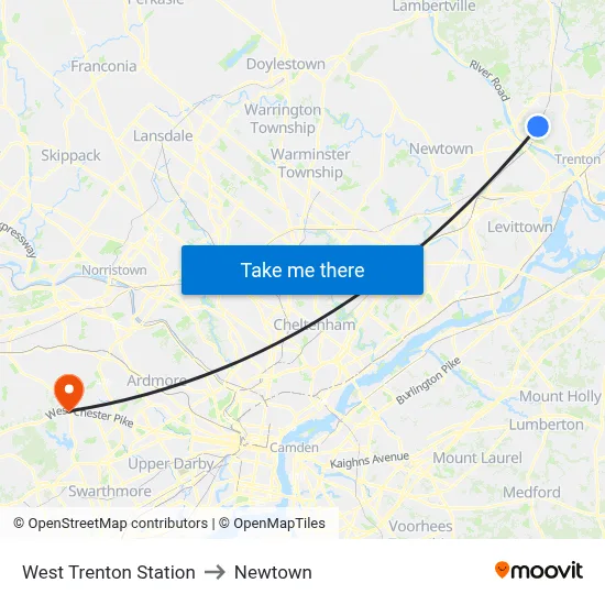 West Trenton Station to Newtown map