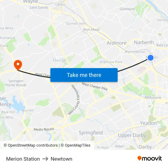 Merion Station to Newtown map
