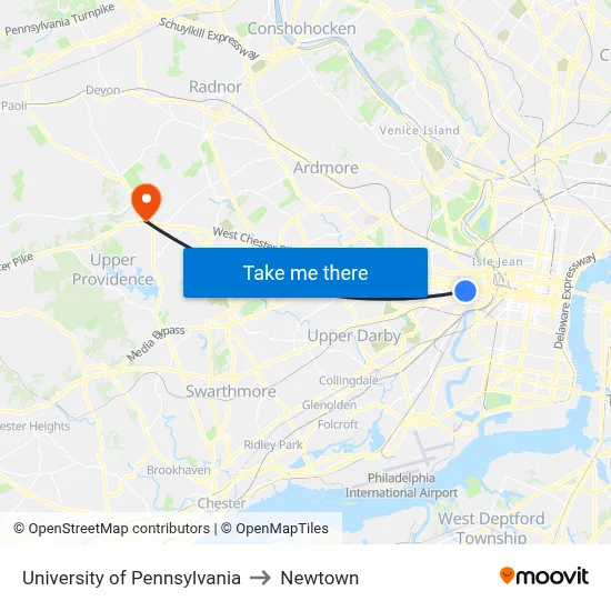 University of Pennsylvania to Newtown map