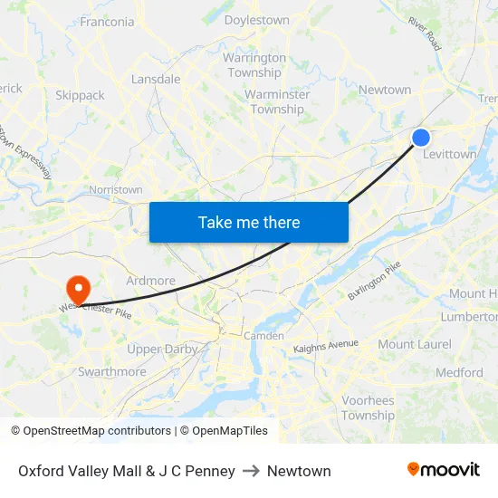 Oxford Valley Mall & J C Penney to Newtown map