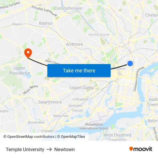 Temple University to Newtown map