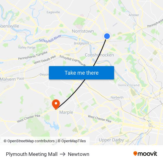 Plymouth Meeting Mall to Newtown map