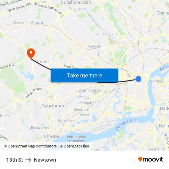 13th St to Newtown map