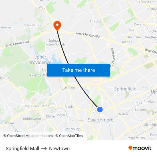 Springfield Mall to Newtown map