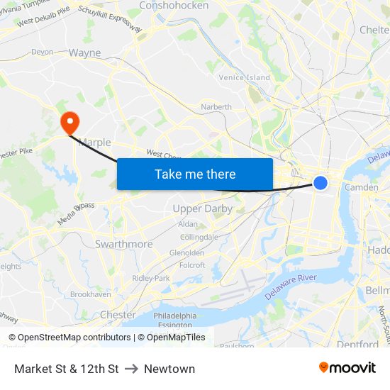 Market St & 12th St to Newtown map