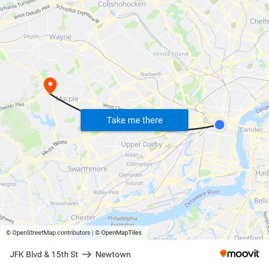 JFK Blvd & 15th St to Newtown map