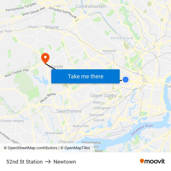 52nd St Station to Newtown map