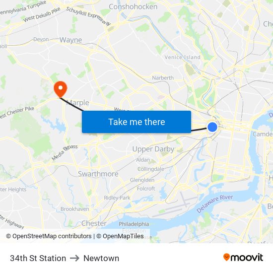 34th St Station to Newtown map