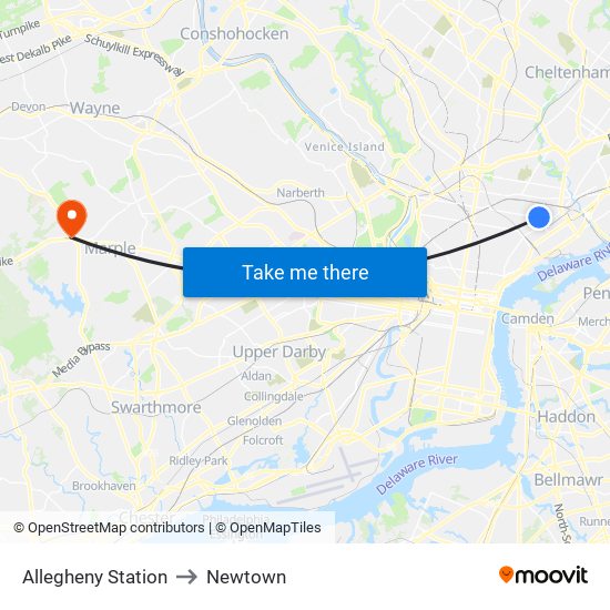 Allegheny Station to Newtown map