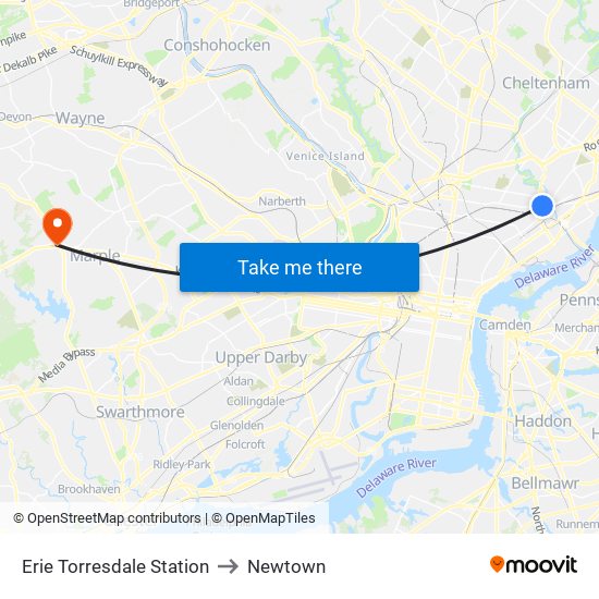 Erie Torresdale Station to Newtown map
