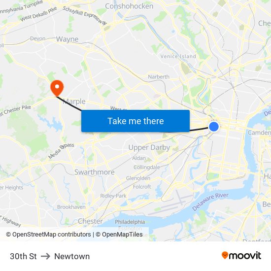 30th St to Newtown map