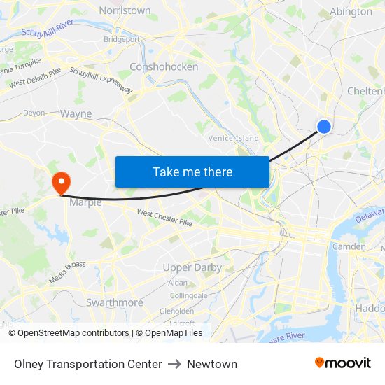 Olney Transportation Center to Newtown map