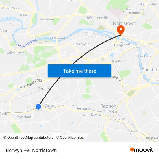 Berwyn to Norristown map